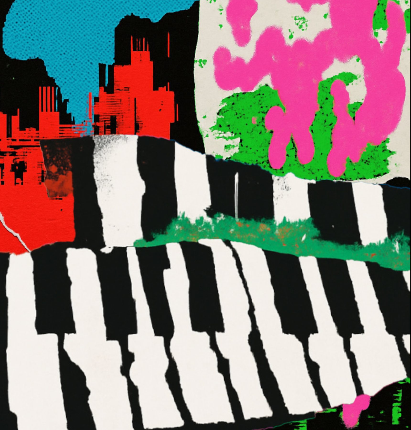 Berky: Collage mit roter Skyline und gerastertem Himmel