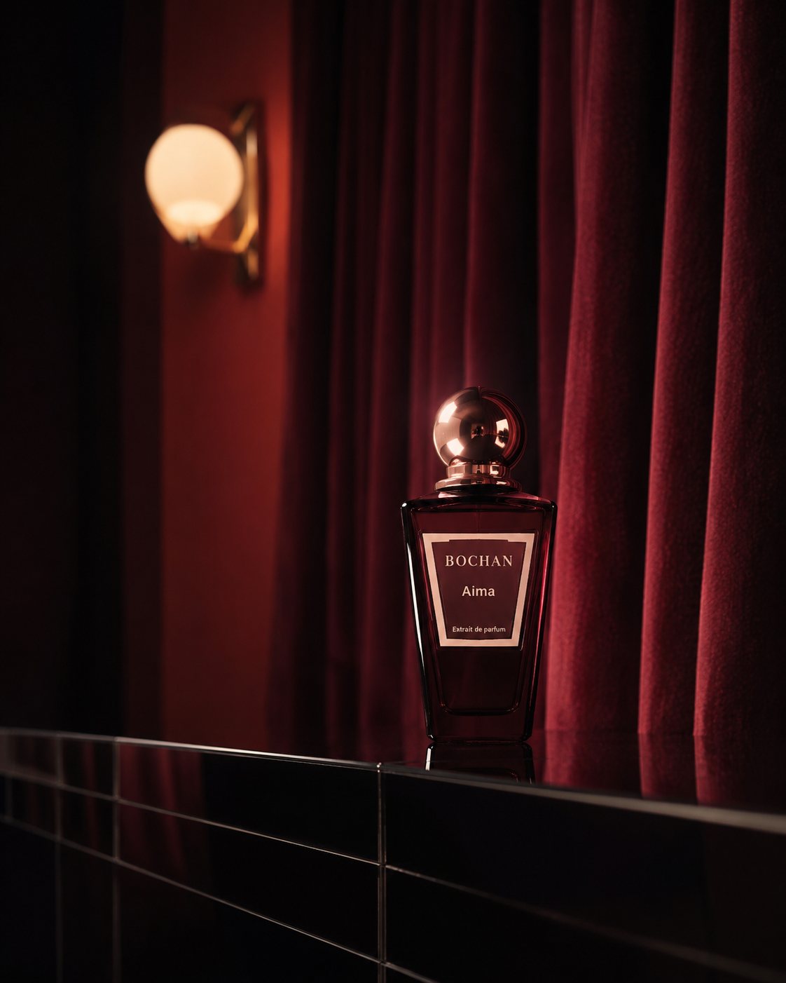 BOCHAN Aima Extrait de Parfum: Flakon vor rotem Samtvorhang