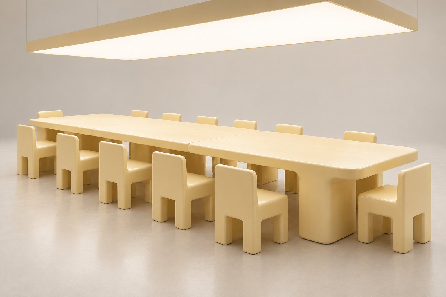 Butter Table & Butter Chair: long butter-yellow table with monolithic chairs under a light ceiling