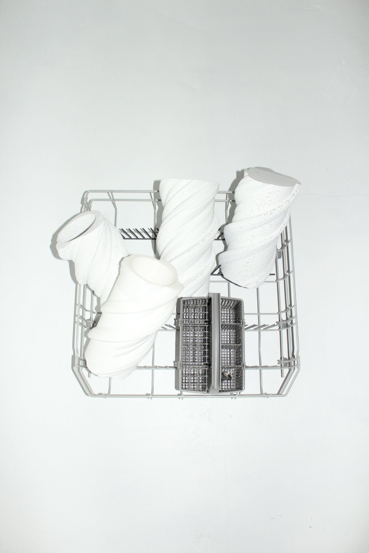 Object 001: 3D-printed vases in a dishwasher rack, edition of 150, top view