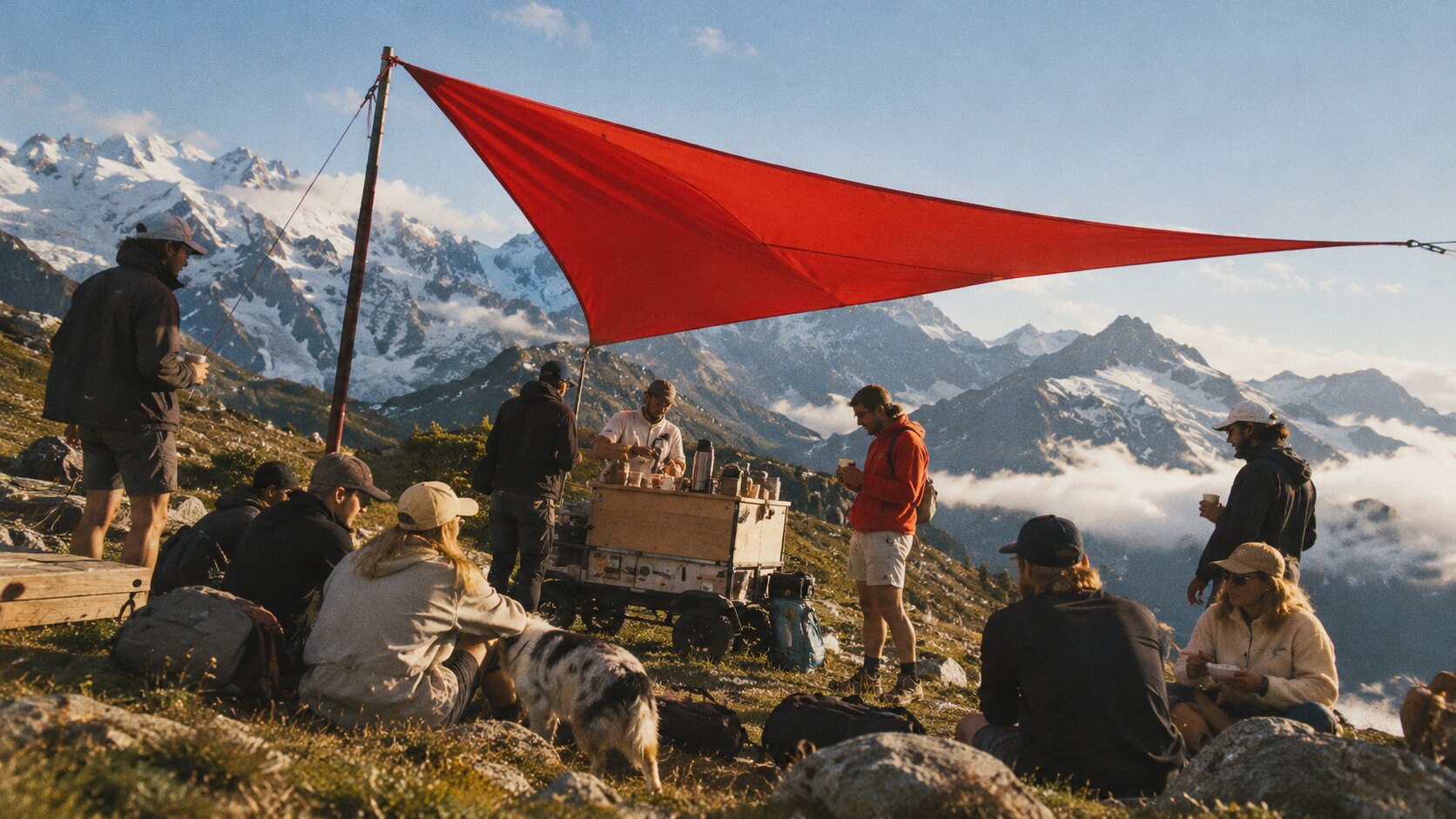 HIKING CLUB: Camp mit rotem Sonnensegel und mobiler Kaffeestation über den Wolken