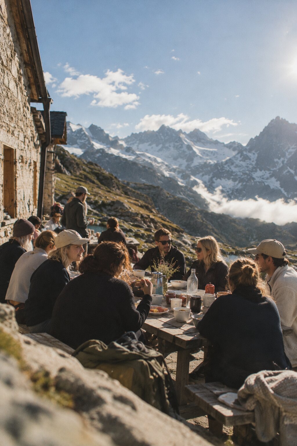 HIKING CLUB: gemeinsames Mittagessen an einem langen Tisch vor einer Berghütte aus Stein