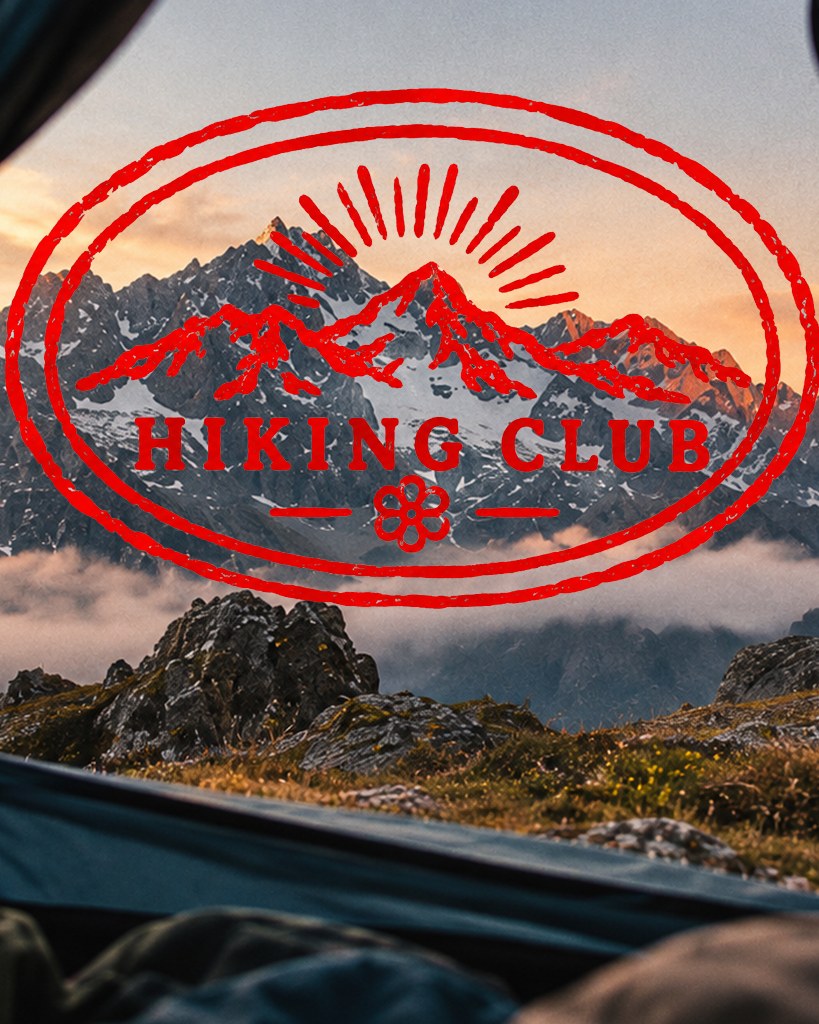 HIKING CLUB: red stamp logo over the view from a tent onto snow-covered peaks at sunset