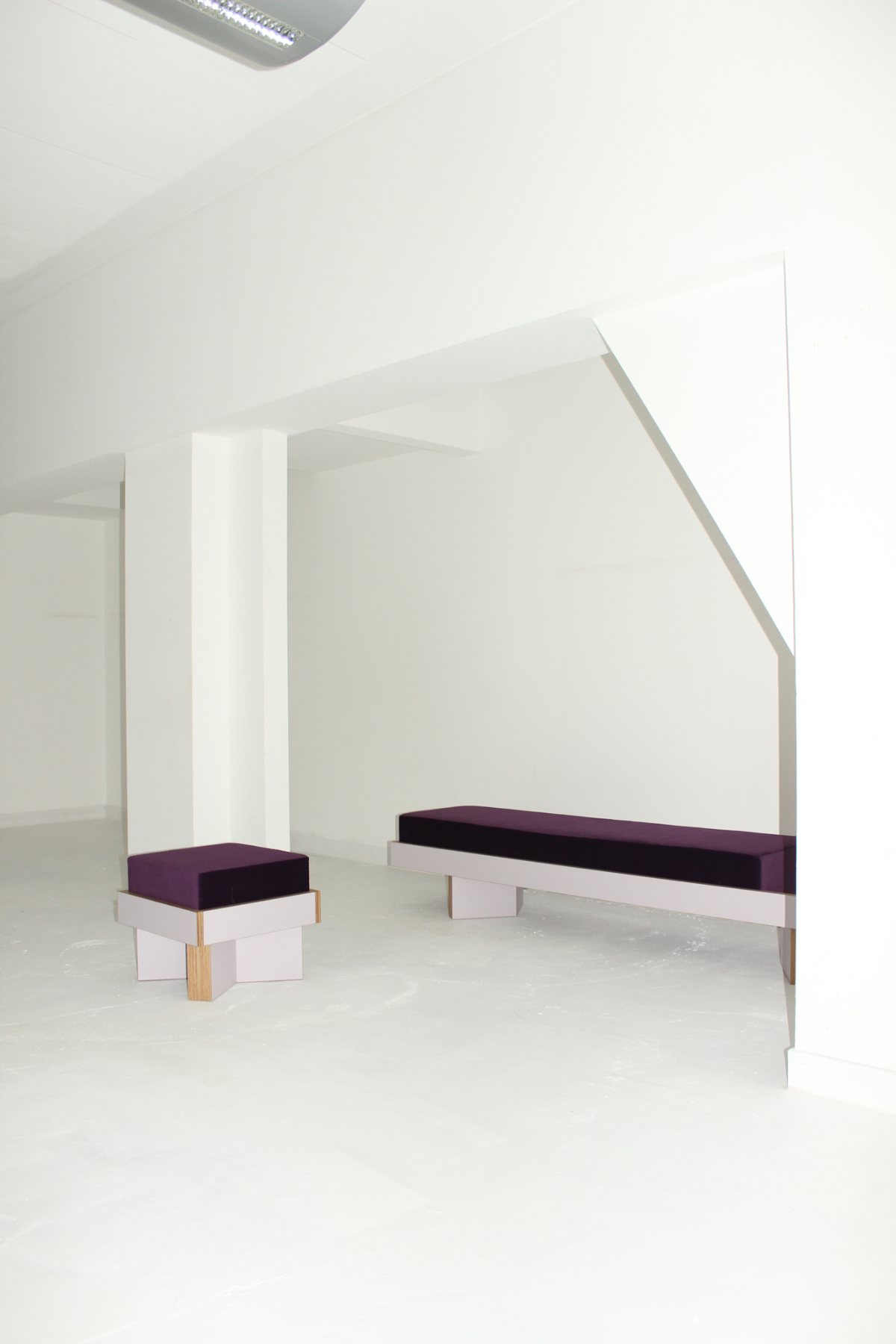 Lilac Bench: lilac bench and stool with aubergine cushions