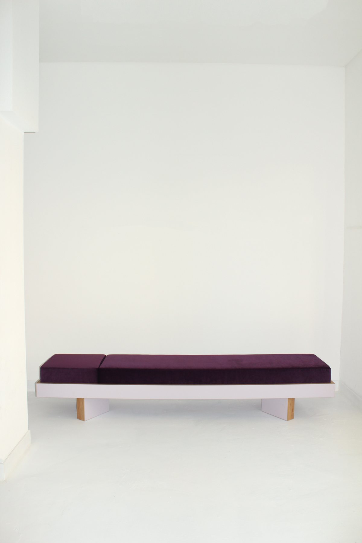 Lilac bench: angled view with asymmetric cushion