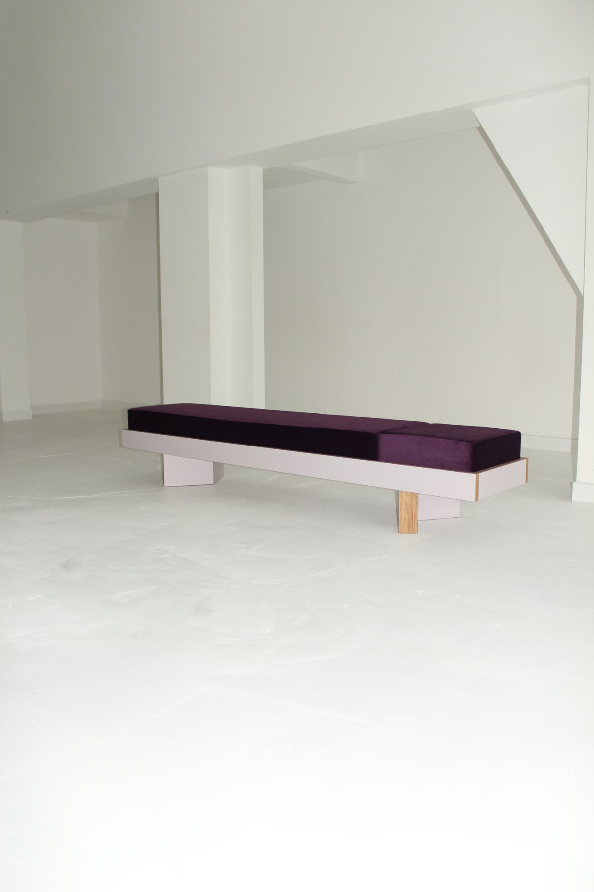 Lilac bench: detail of the hand-sewn cushion