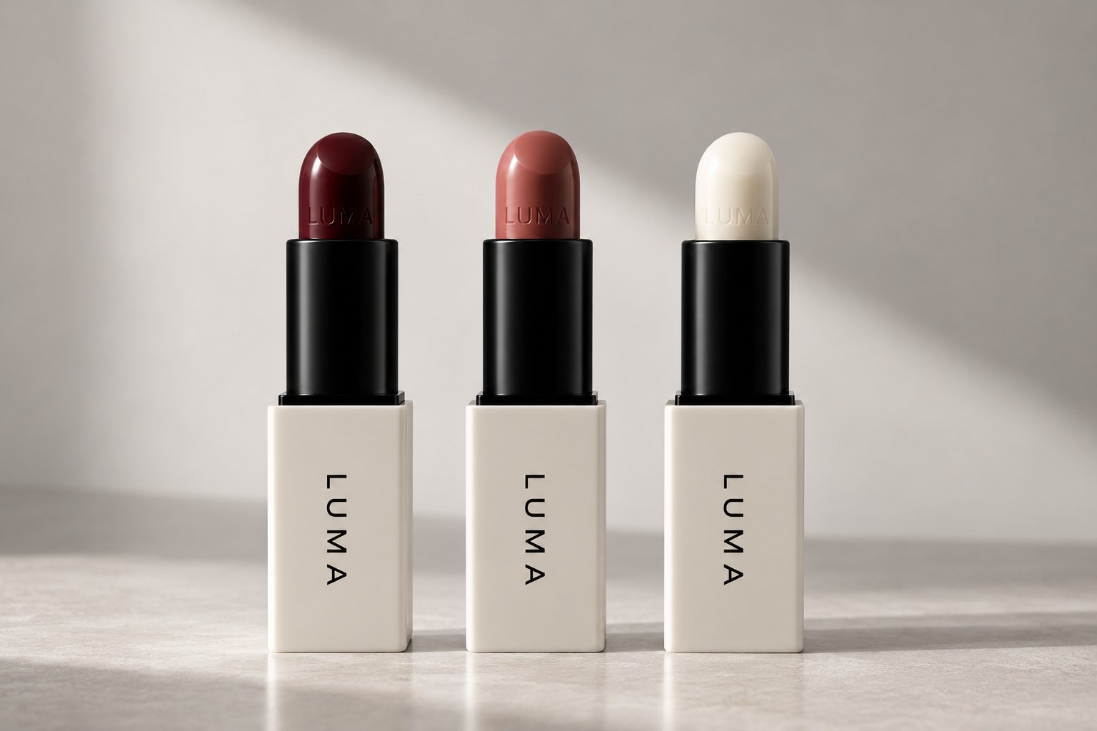 LUMA Lippenstifte in Pflaume, Rosé und Weiß in cremefarbenen Hülsen