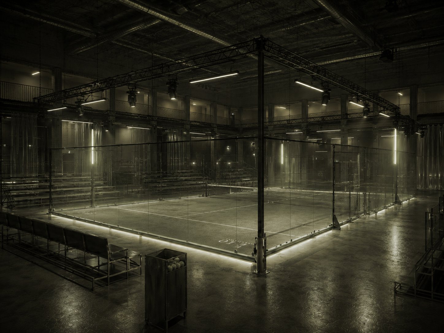 Padel Court: Ecke des gläsernen Courts mit Bänken und Ballbehälter