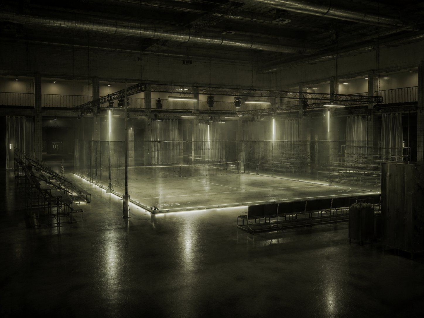 Padel Court: Übersicht der Halle mit Court, Tribünen und Spinden