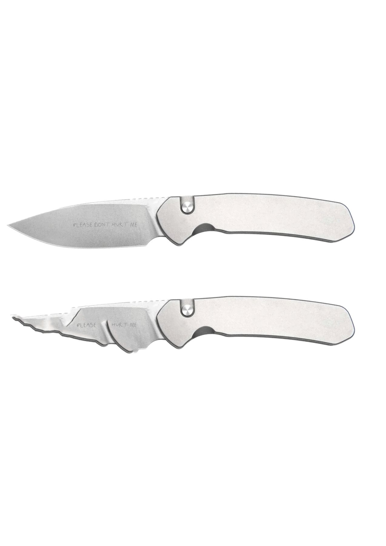 Please Don't Hurt Me / Please Hurt Me: two engraved chrome knives, Kai Schmidt