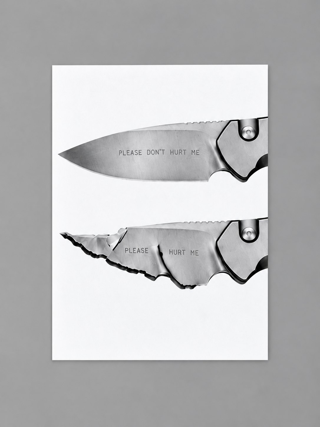 Please Don't Hurt Me poster, DIN A2: two engraved knives, one intact, one broken, on a grey wall